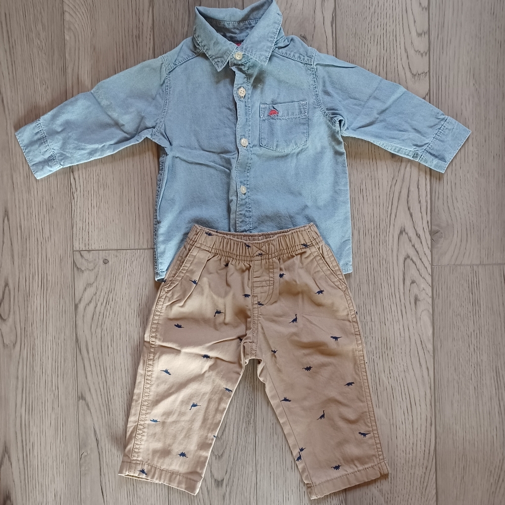Carter's Tan Pants With Dark Blue Dinosaurs And Denim Button Down Shirt Set, 9m